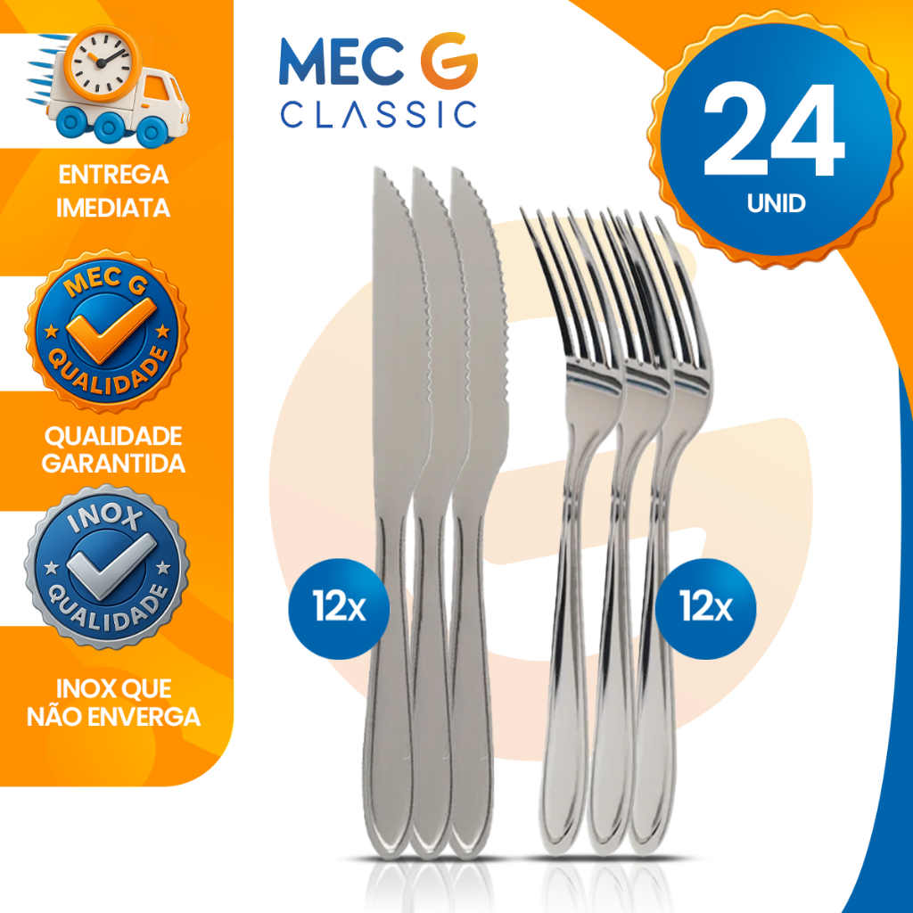 Talheres de Inox 24 Peças 12 Garfos 12 Facas Faqueiro Jantar Almoço Restaurante Resistente Mec G - Home & Living