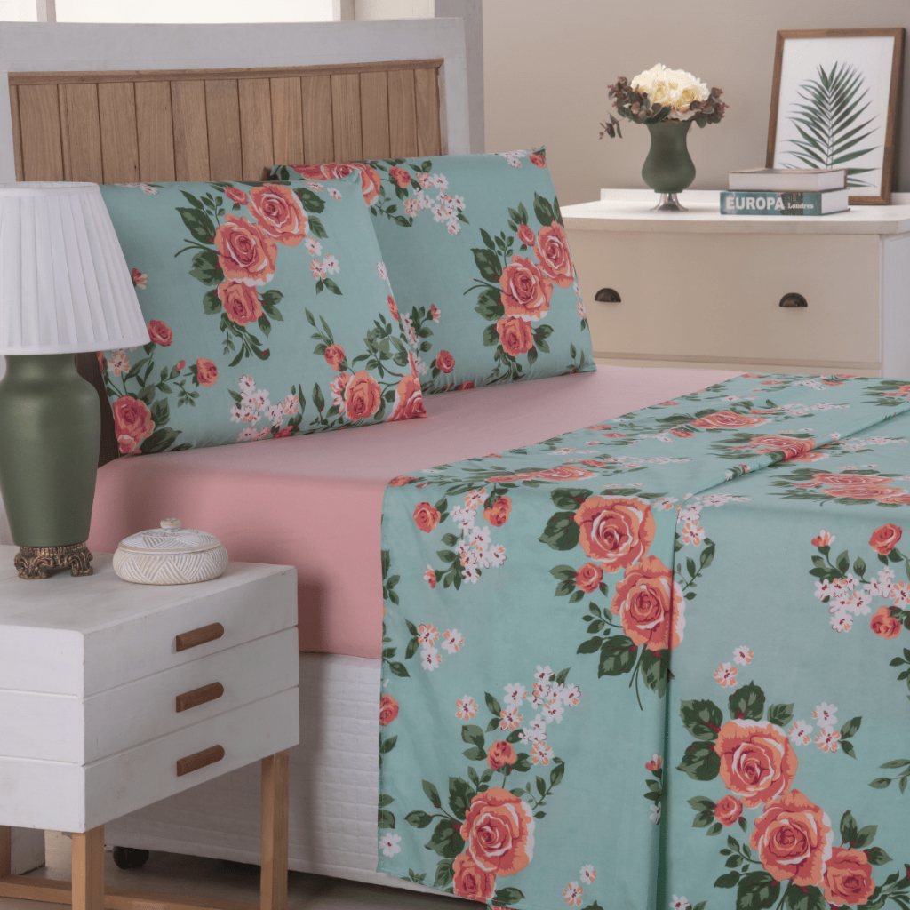 Jogo de Lençol 4 Peças Queen Size 400 Fios Macio Percal ESTAMPAS FLORAIS E GEOM