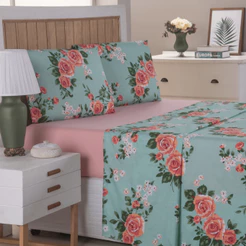 Jogo de Lençol 4 Peças Queen Size 400 Fios Macio Percal ESTAMPAS FLORAIS E GEOMÉTRICAS COM ELÁSTICO