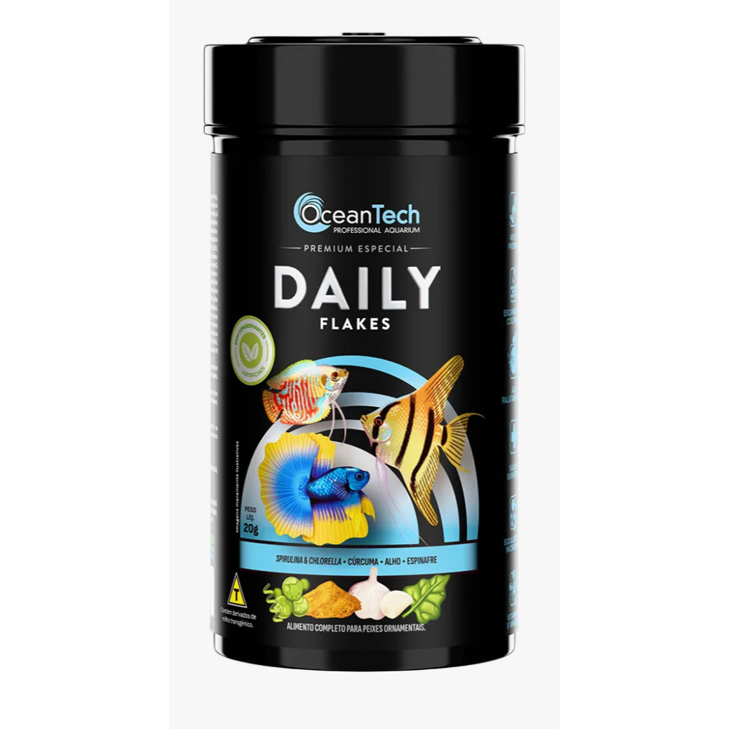 Ração Para Peixes 20g Ocean Tech Flocos Flakes Peixe Tropical Tetra Dia Sera Garlic Tropicais Min Guppy Neon Acará Disco