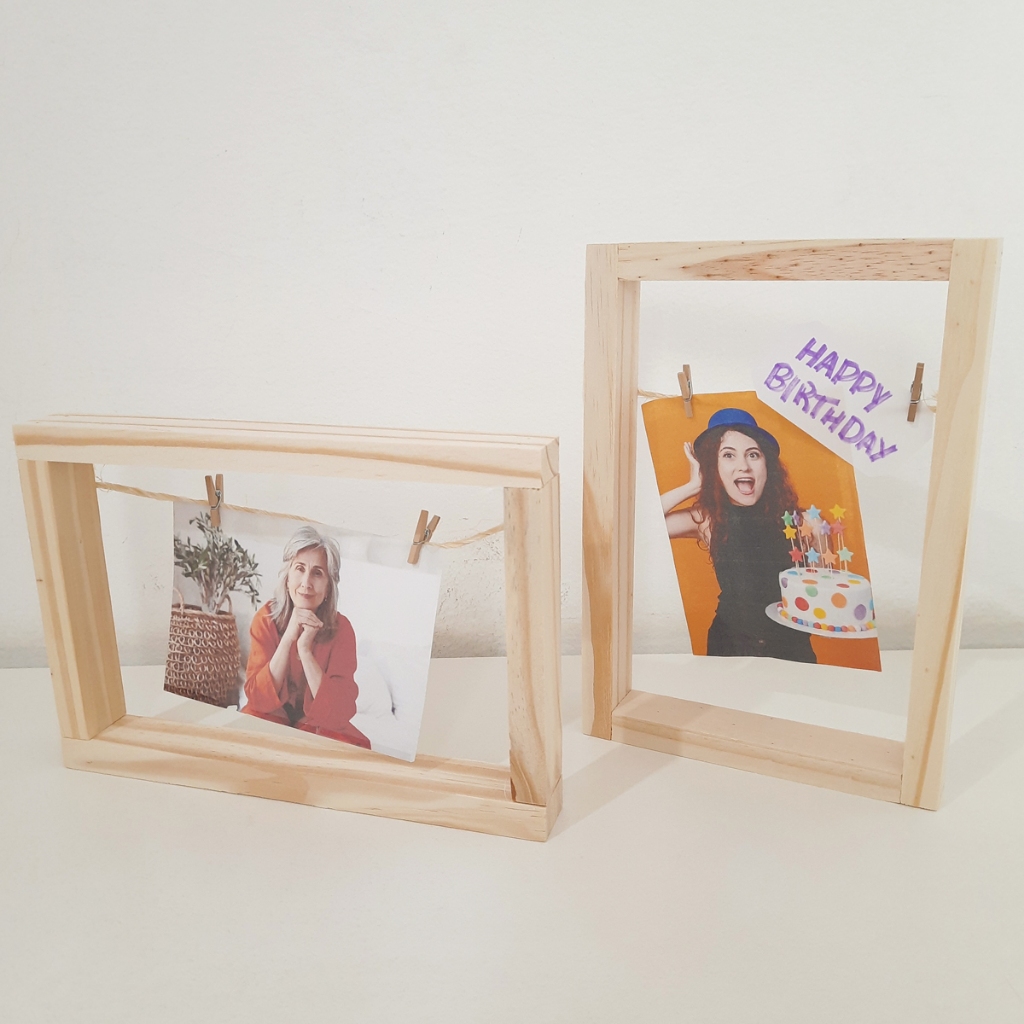 Porta Foto Kit 2 Unidades Porta Retrato Madeira Vazado Quadro Com Varal E Mini Prendedores