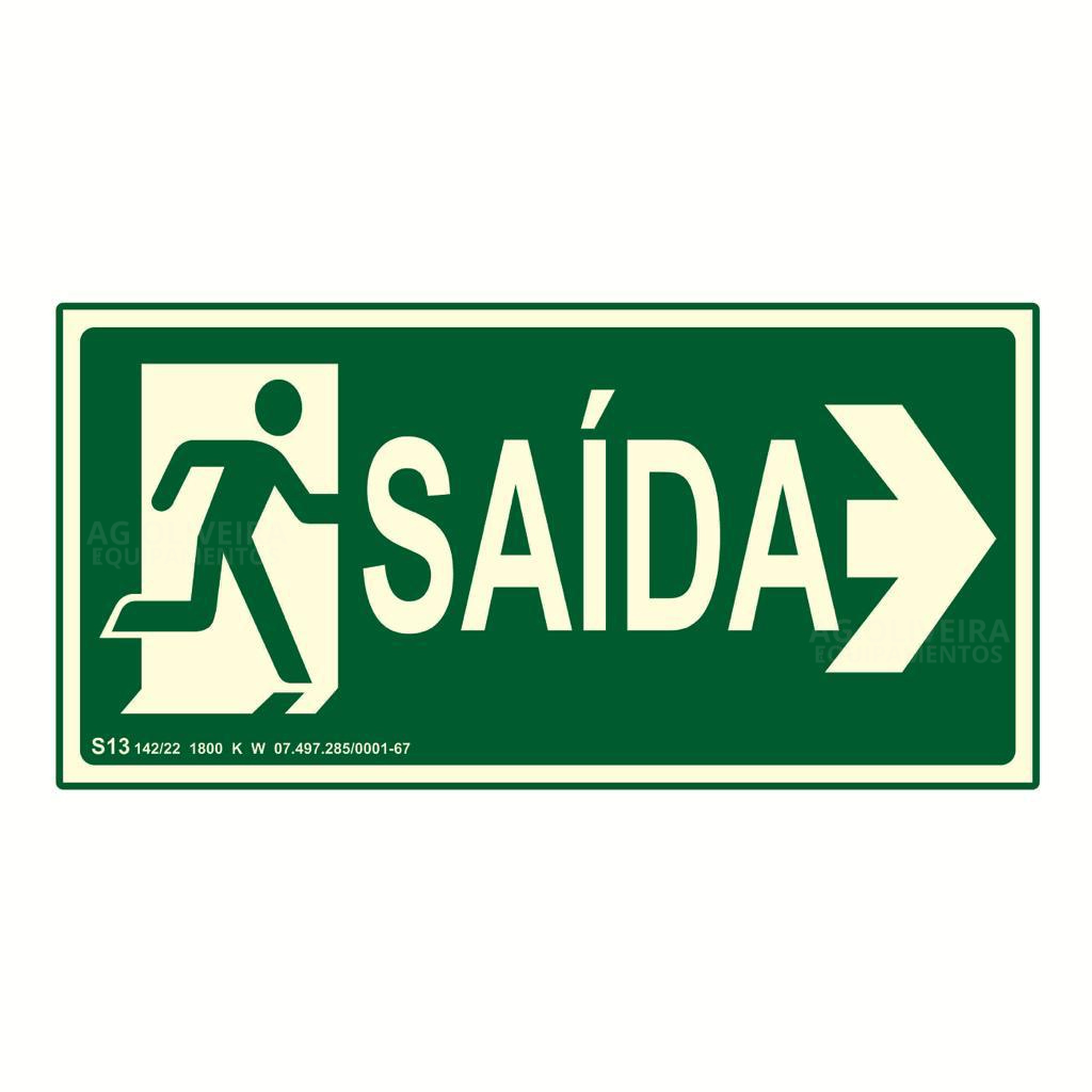 Placa de Sinalização Fotoluminescente S13- Saída a Direita Normativa Bombeiro