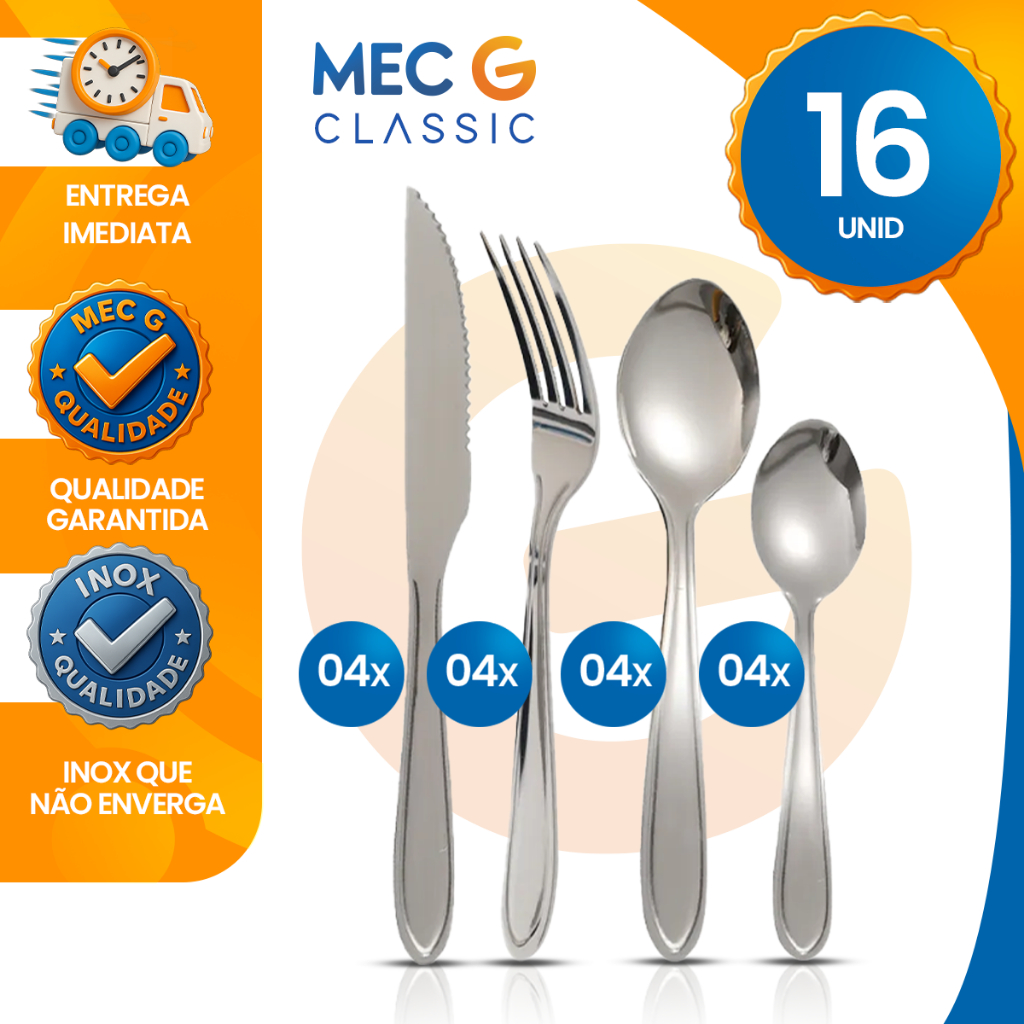 Jogo de Talheres Inox 16 Peças Faqueiro Garfo Faca de Mesa e Colheres de Chá e Sopa Classic Mec G - Home & Living