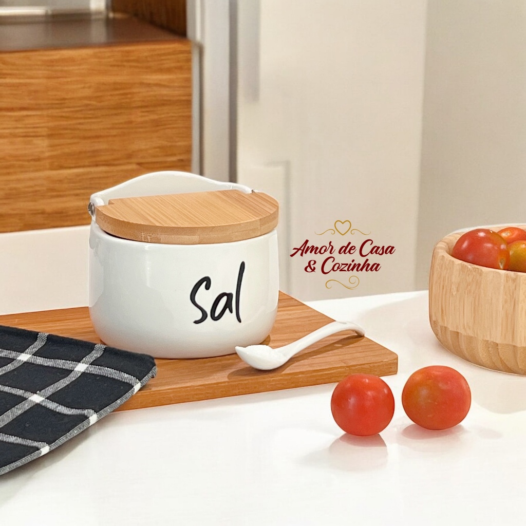 SALEIRO DE PORCELANA E BAMBU PERSONALIZADO SAL PIMENTA TEMPERO