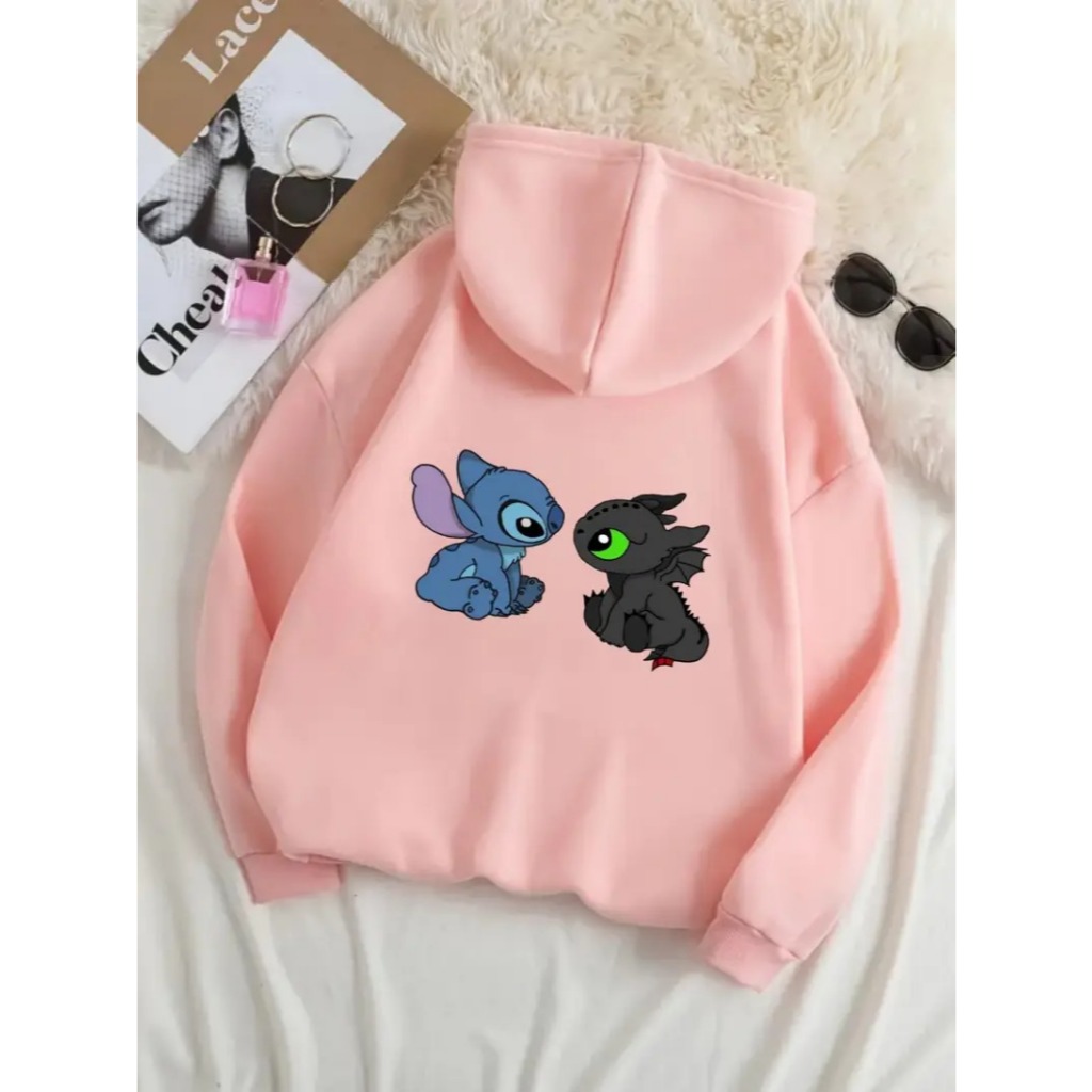 Moletom feminino canguru blusa de frio com capuz stitch e dragão Casaco agasalho