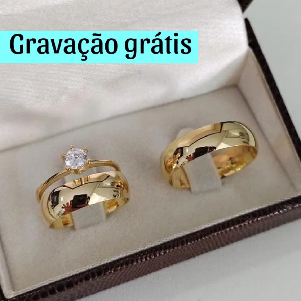 Par De Aliança Lisa 6mm Banhada A Ouro 18k Com Gravação Grátis Anel Solitário E Caixa Porta Aliança