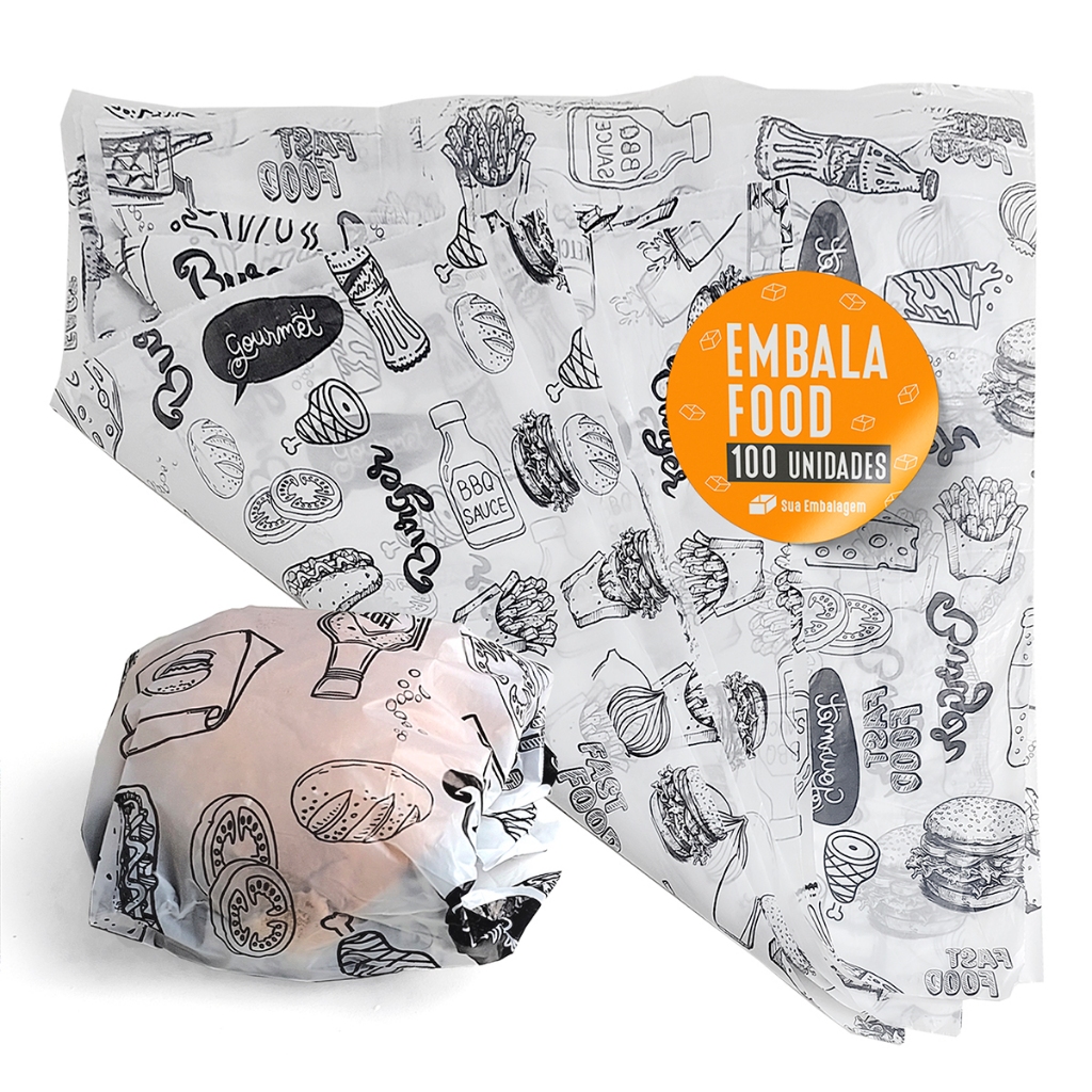 Embala Food  | Papel Plástico Acoplado Gourmet Anti-Gordura Hambúrguer Lanche Baguete - 100 Unidades em Oferta na Shopee
