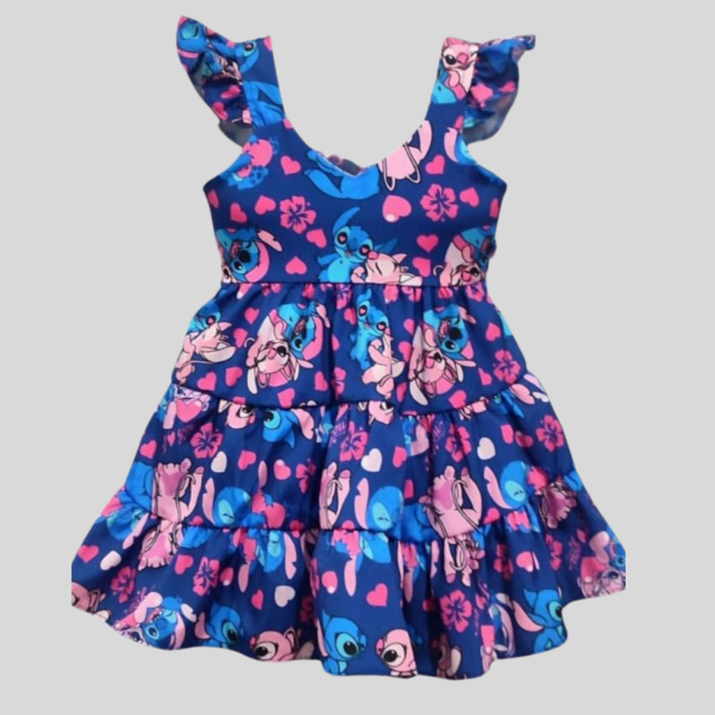 Vestido Infantil Menina Estilo Blogueirinha – Soltinho, Confortável e Perfeito para Festas com Tema Stitch