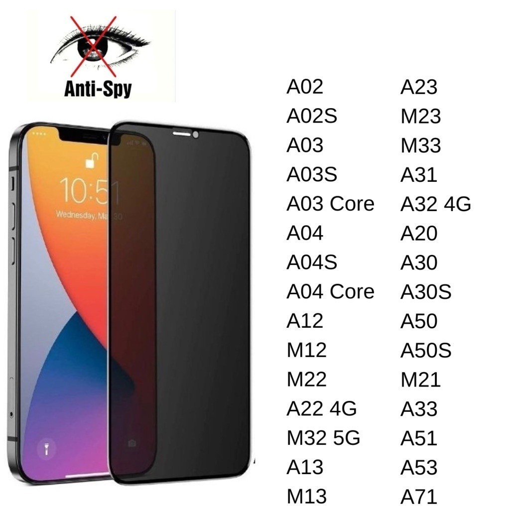 Película De Vidro 3D Privacidade Anti Spy Para Samsung M22/ A22 4G/ A23/ M23/ M33/ A30/ A30S/ A50/ A50S/ A51/ A53/ A7