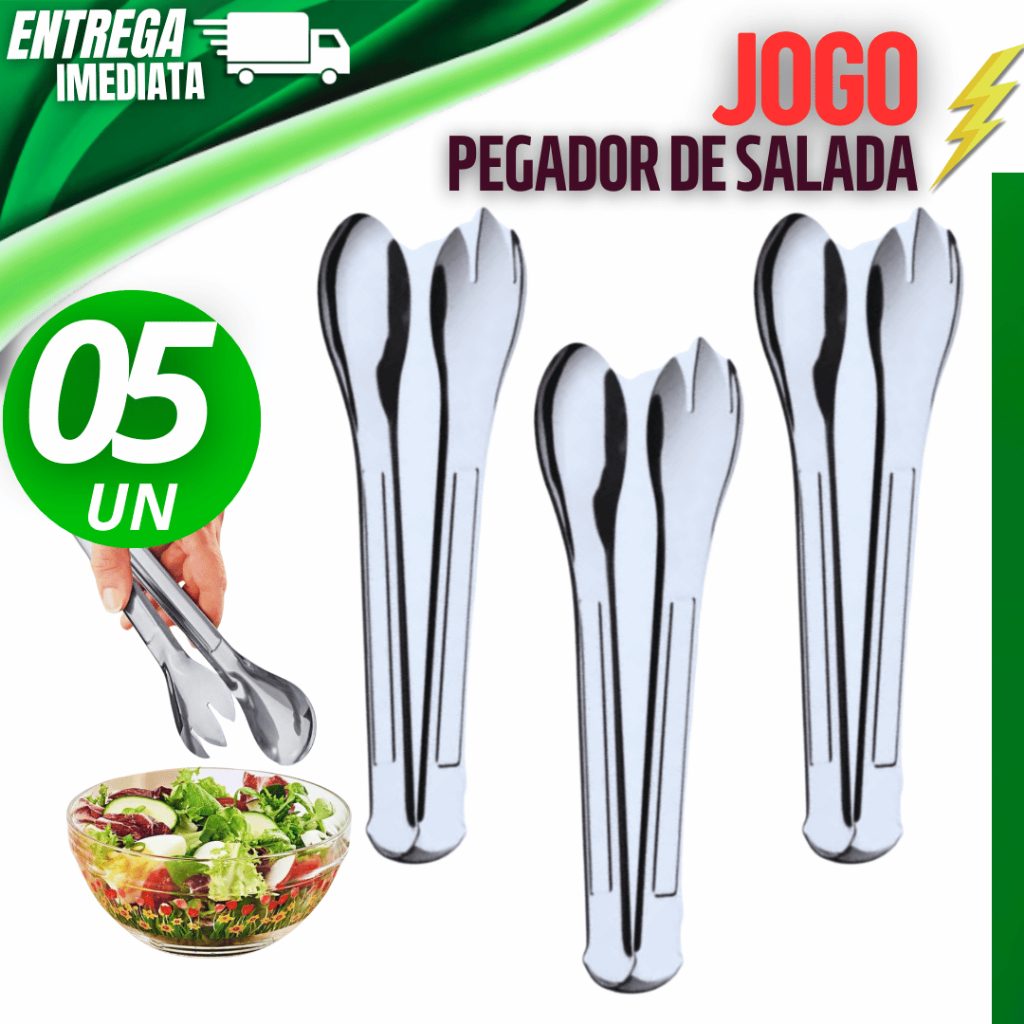 Jogo 05 Unidades Pegador 20CM De Salada Multiuso  Variáveis Utilidades Linha Premium Inox