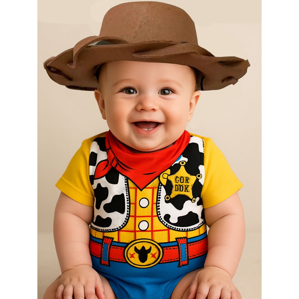Body Temático Mesversário Fantasia Bebê Menino Menina Toy Story Woody, Jessie ou Buzz Lightyear + Acessórios