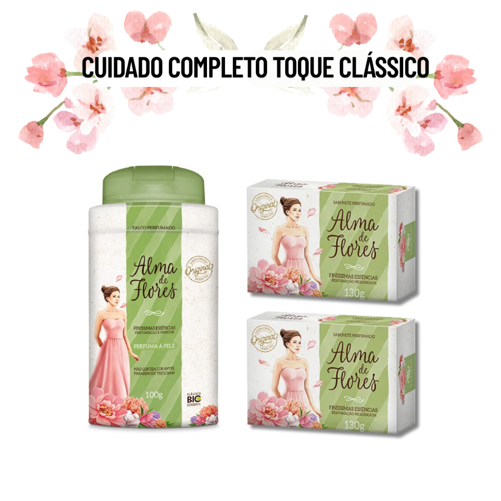 Kit Alma de Flores Tradicional com Talco 100g + 2 Sabonetes 130g | Fragrância Clássica