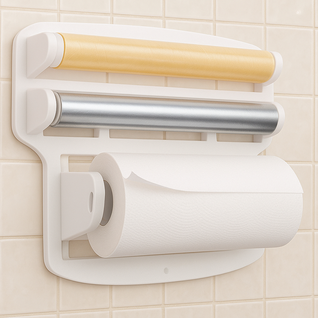 Suporte Triplo Porta Rolos 3 em 1 Cozinha – Papel Toalha, Alumínio e Filme Plástico em Oferta na Shopee