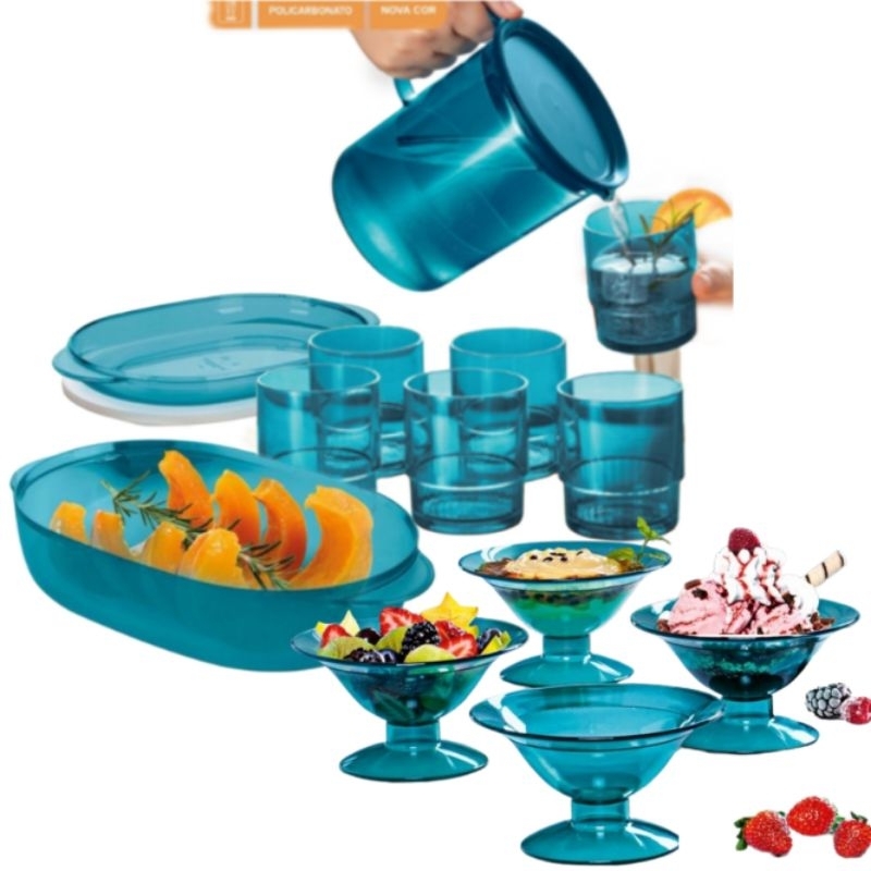 KIT 12 PEÇAS MICROPLUS 1,5L + JARRA 1,2L + 6UN COPO PREMIER 295ML + 4UN TACINHA PREMIER 175ML TURMALINA - TUPPERWARE