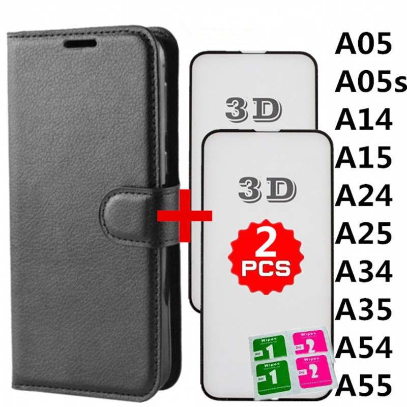 Kit Capa Capinha Carteira Flip + 2 Película de vidro 3D Para Samsung Galaxy A05/A05s/A14/A15/A24/A25/A34/A35/A54/A55