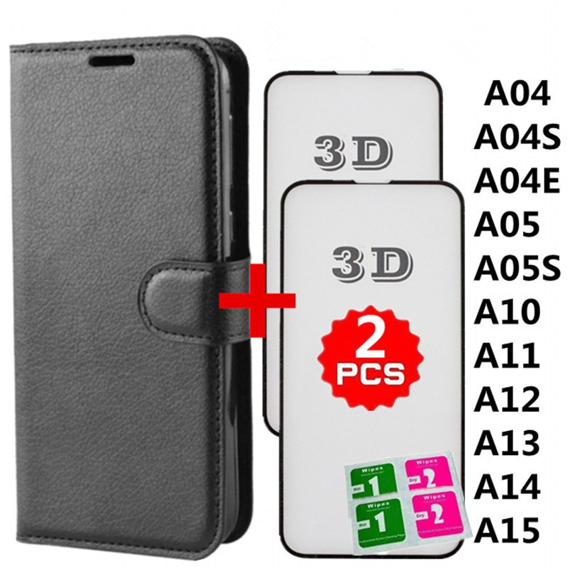 Kit Capa Capinha Carteira Flip + 2Película de vidro 3D Para Samsung GalaxyA04/A04S/A04E/A05/A05S/A10/A11/A12/A13/A14/A15