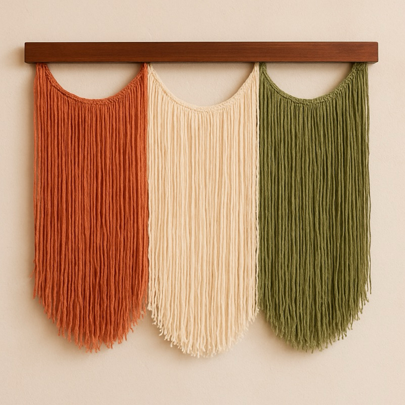 Painel Macramê Artesanal Decorativo ondulado| Barbante e Madeira | Macramê Parede Grande | Boho Chic | 100x80cm
