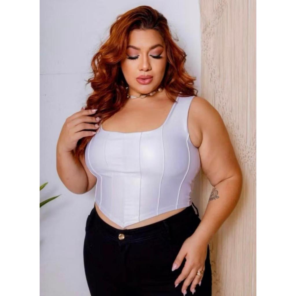 Cropped Regata Corset Couro Plus Sizer Top Blusinha Cirre G GG G1 G2