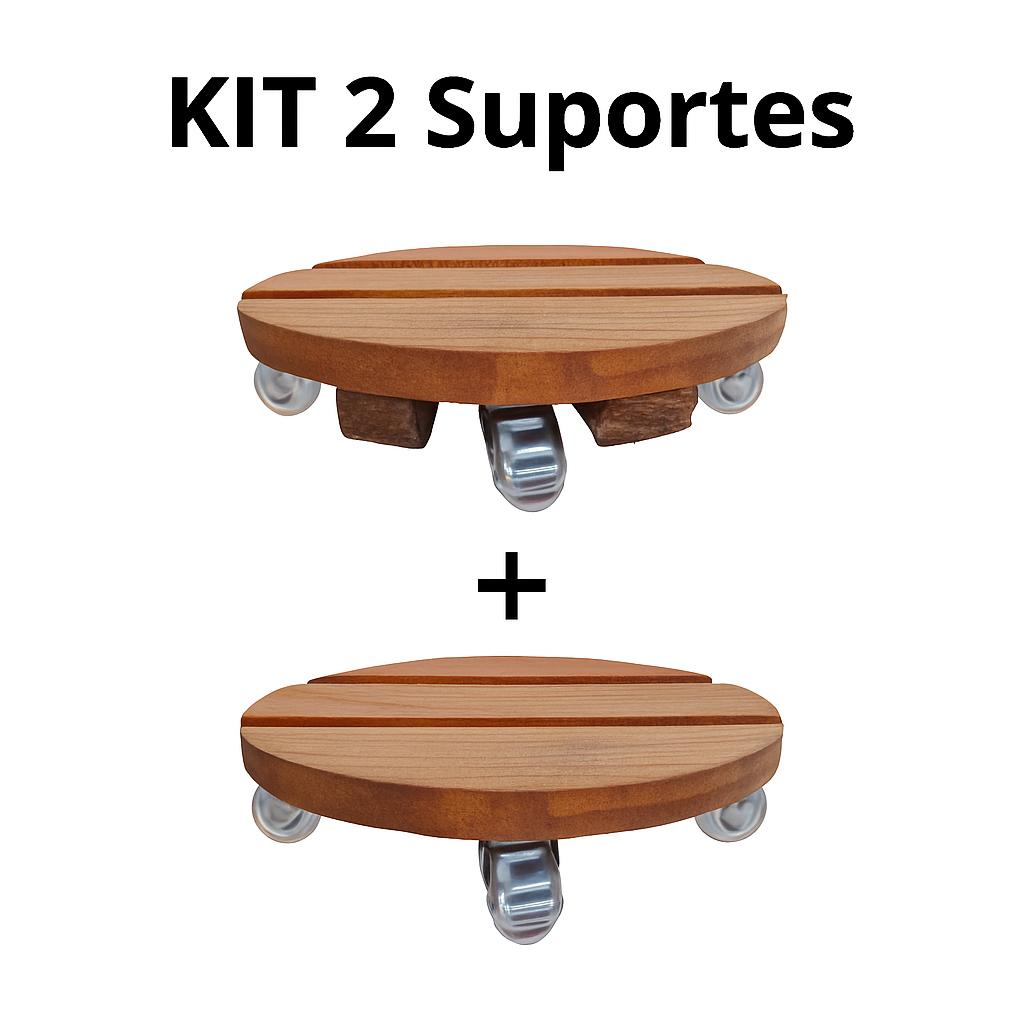 KIT COMBO 2 SUPORTES DE MADEIRA PARA VASOS DE PLANTA 25 CM COM RODINHAS DE SILICONE GEL