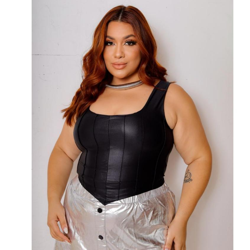 Cropped Regata Corset Couro Plus Sizer Top Blusinha Cirre G GG G1 G2