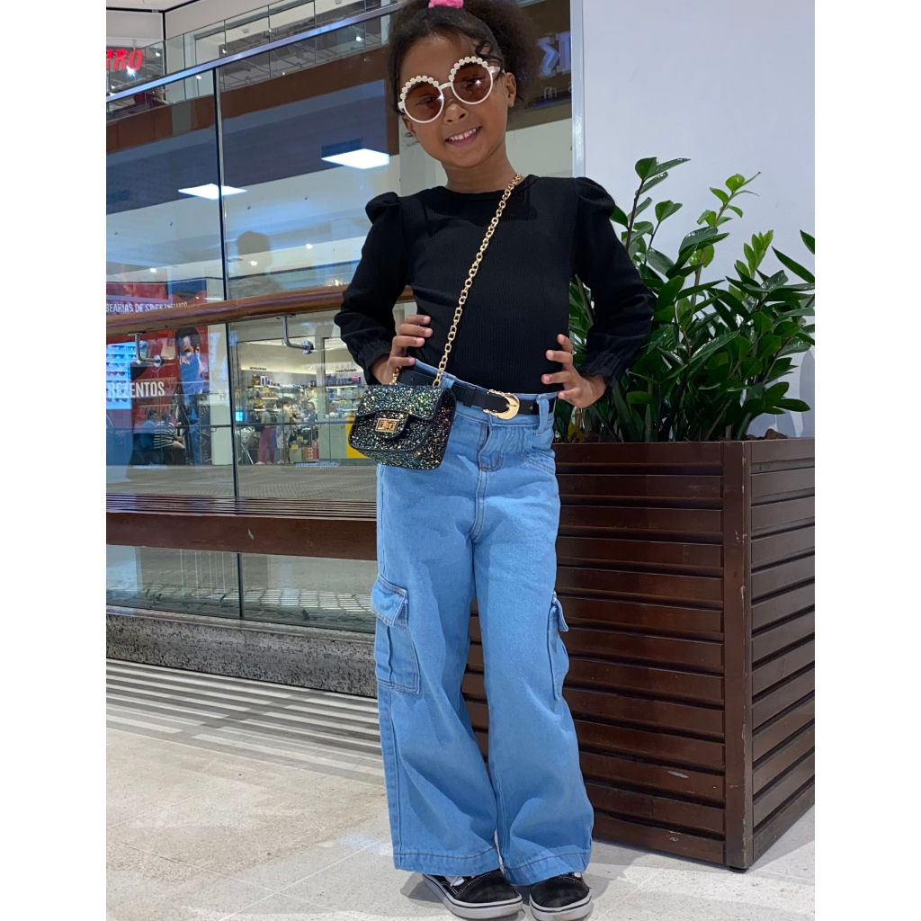 Calça Jeans Infantil Cargo Meninas Bloguerinha Fashion Wide Leg Pantalona