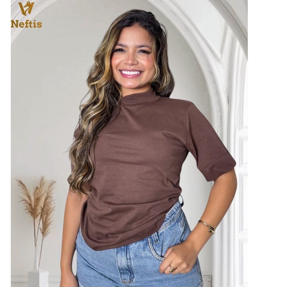 “Blusa Feminina Gola Alta 100% Algodão – Promoção Especial + Frete Grátis!” P Até GG em Oferta na Shopee