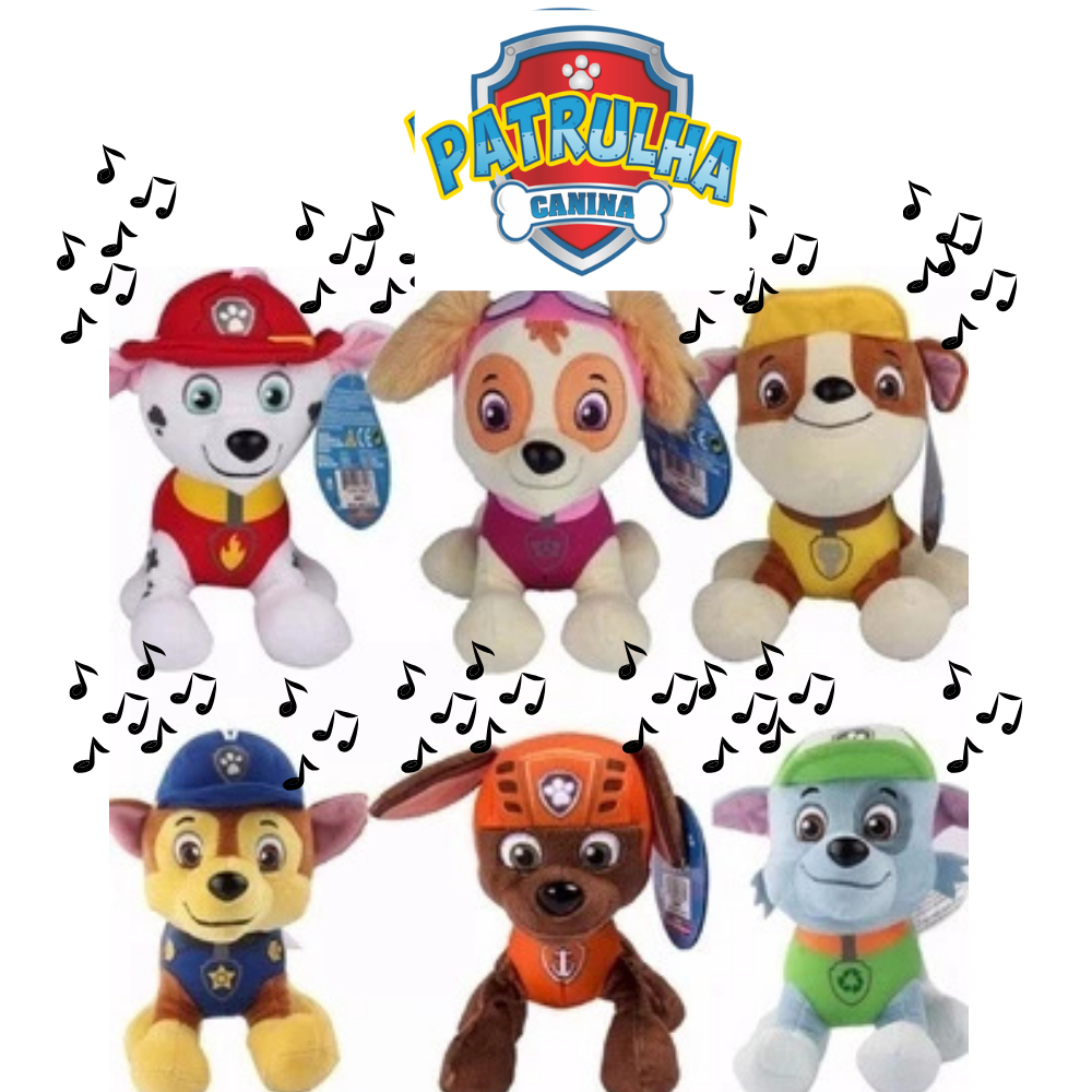 Boneco Pelúcia Patrulha Canina Musical 22cm Chase Rocky Skye Marshal Ruble Zuma Envio Imediato