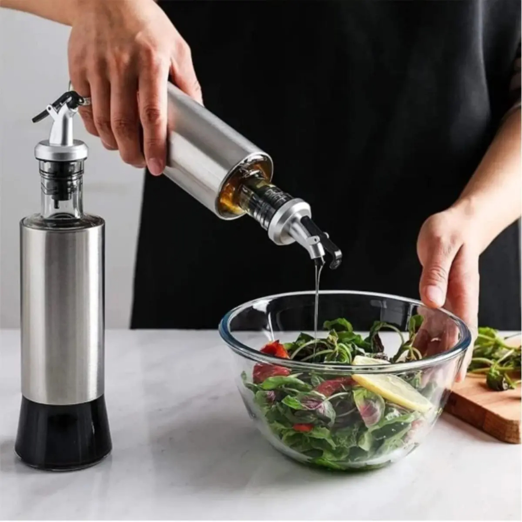 Galheteiro Porta Azeite e Vinagre de Vidro Premium e Aço Inox com Dosador sem Gotejamento 300ml