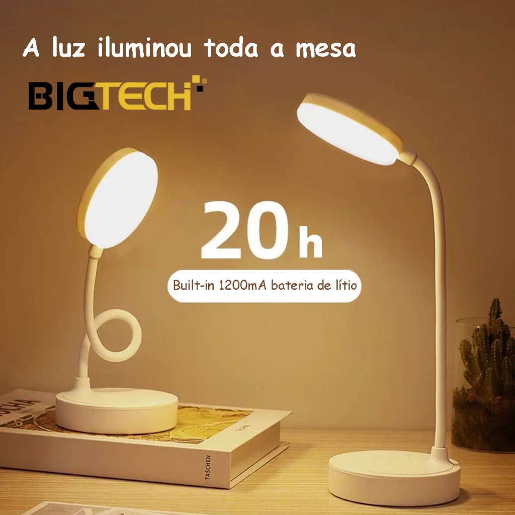 Luminária Abajur de Mesa LED Luz Recarregável Touch Haste Flexível Lâmpada De Estudo Sem F...
