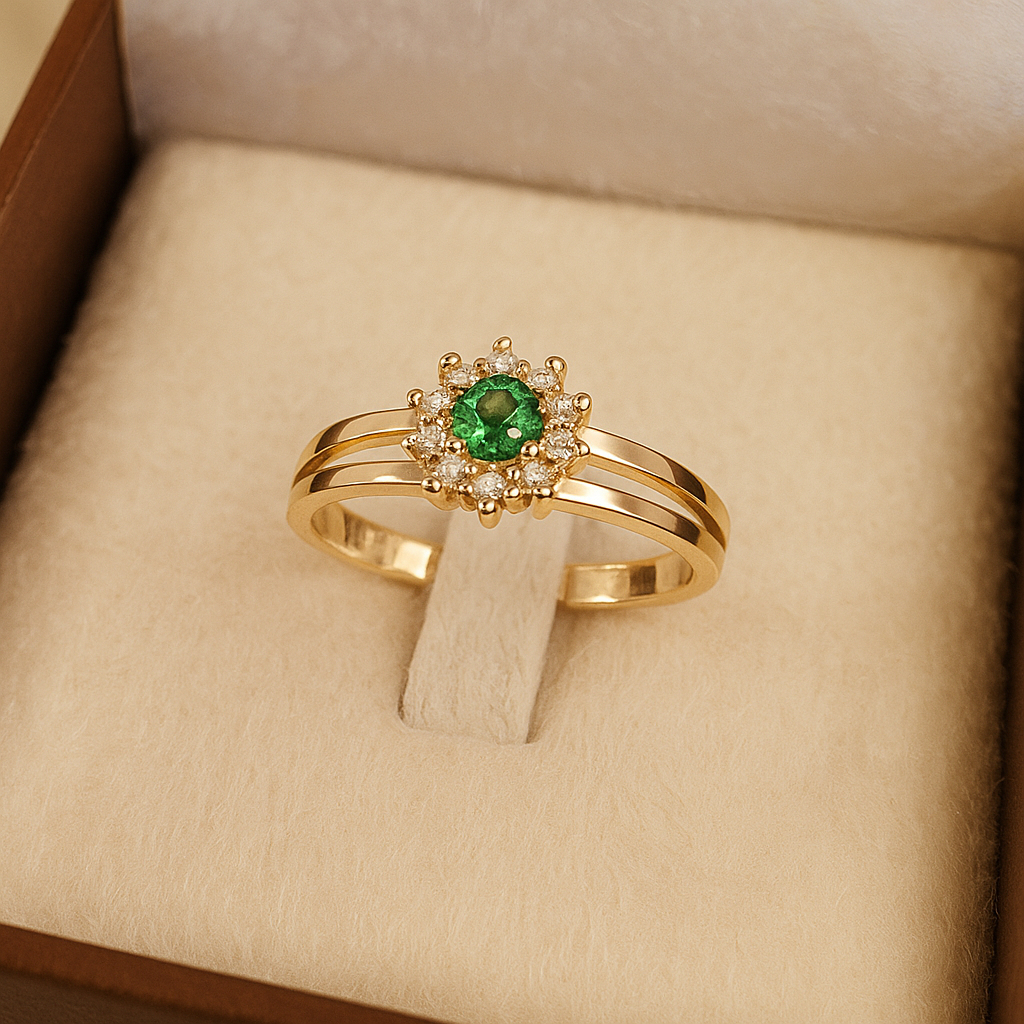 Anel Formatura Dois Aros Pedra Verde Semi Joia Zircônia