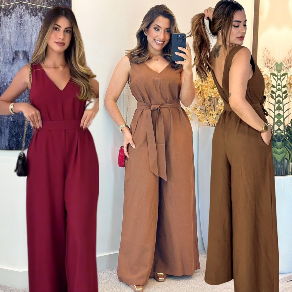 MACACÃO LONGO COM FAIXA CALÇA PANTALONA TECIDO ALFAIATARIA