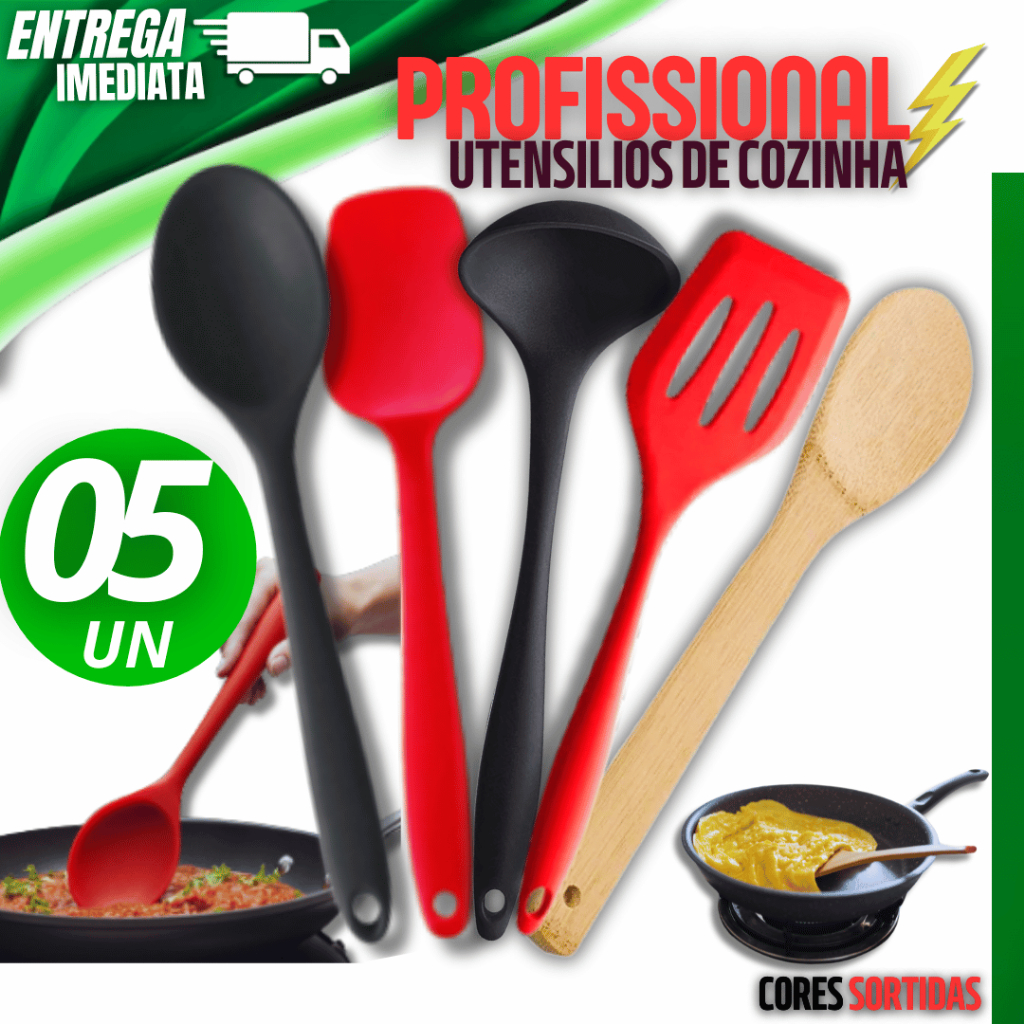 5 Utensílios de Cozinha  - Colher Bambu Silicone Espátula Reta Concha Espátula vazada Linha Premium