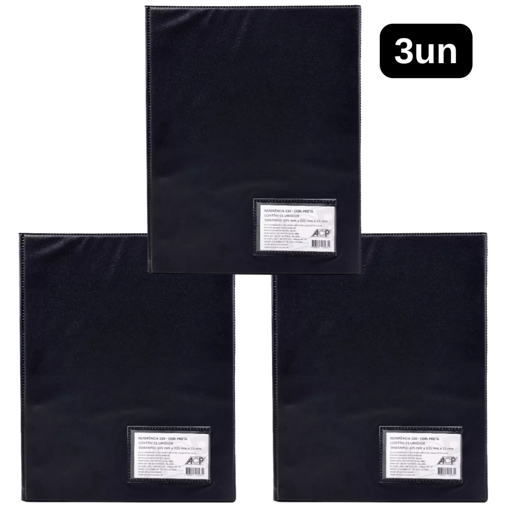 Kit 3 Pastas Catálogo A4 Preta 24,5x33,5cm Acp 100 Sacos Plásticos Organizar Arquivar Documentos