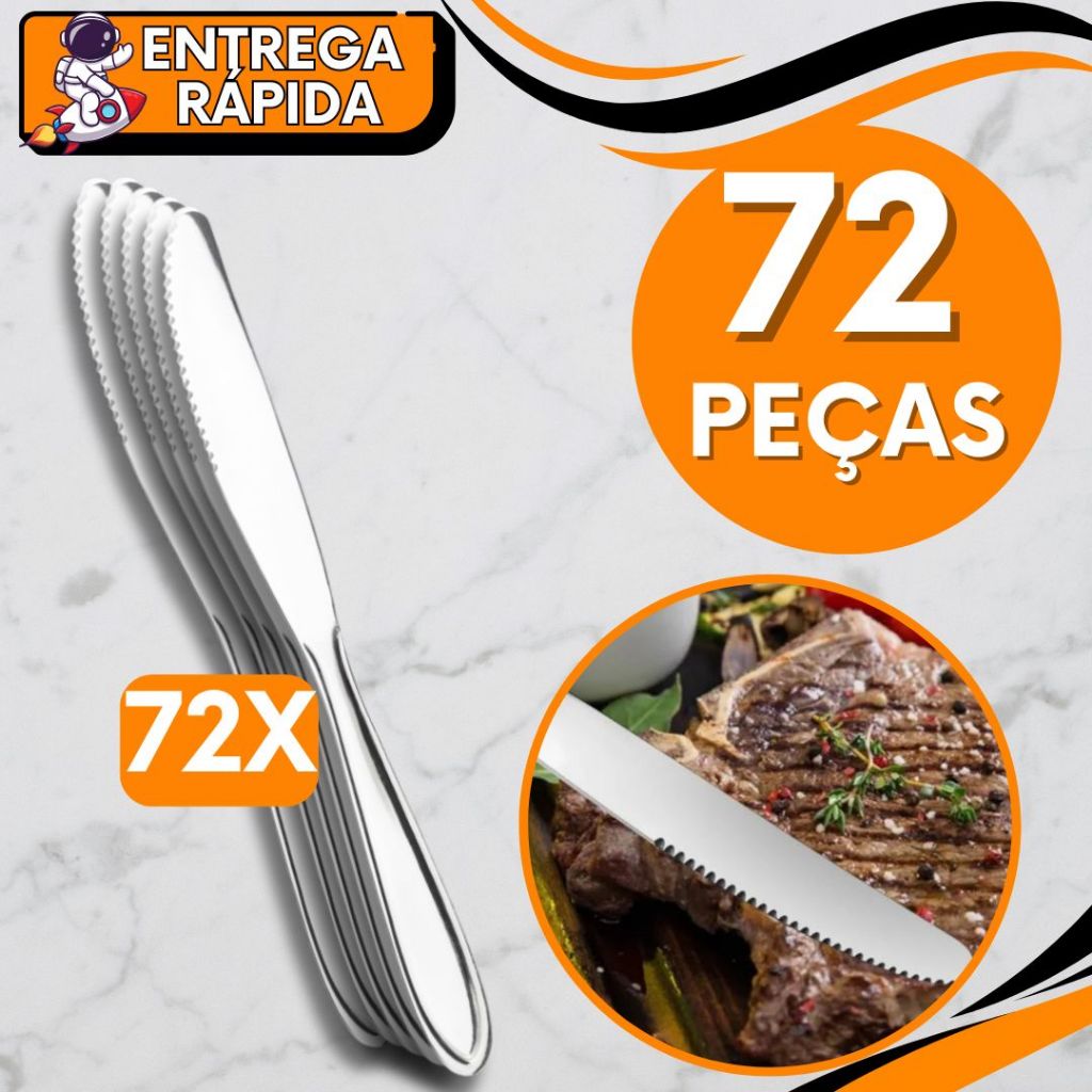 KIT 72 Faca Mesa Serrilhada Refeição Carne Legumes Aço Inox Resistente Talher Grande Casa Cozinha Restaurante Pizzaria