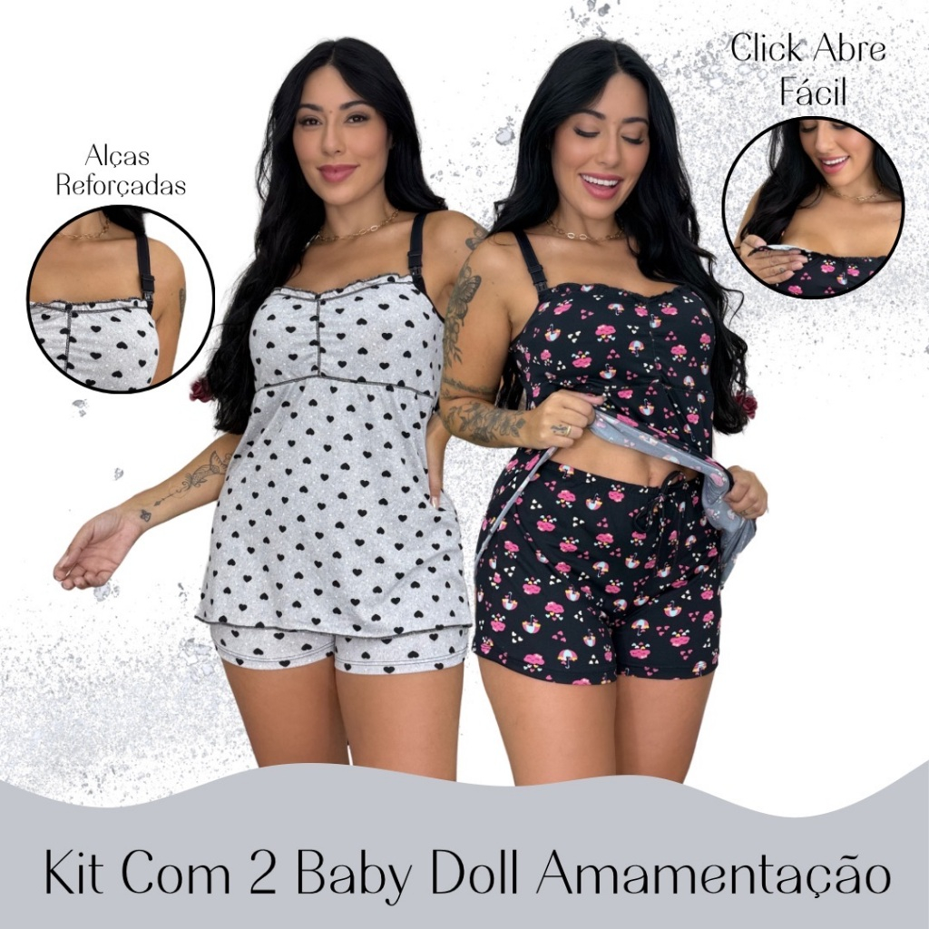 kit 2 Baby Doll Amamentação Gestante Confortável Click Abertura Seguro lactante