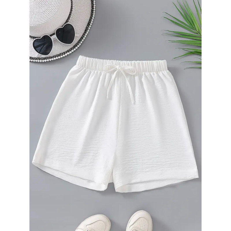 Shorts Casuais Femininos de Cor Sólida Branca com Cordão - Cintura Alta, Poliéster Leve, Cós Elástico, verão