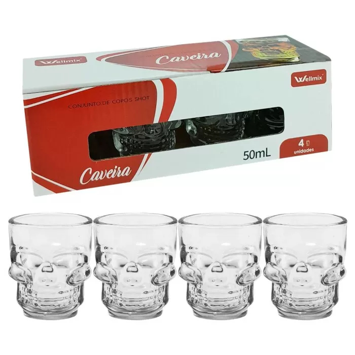 Kit 4 Copos De Vidro Shot Dose Tequila De Caveira 50ml
