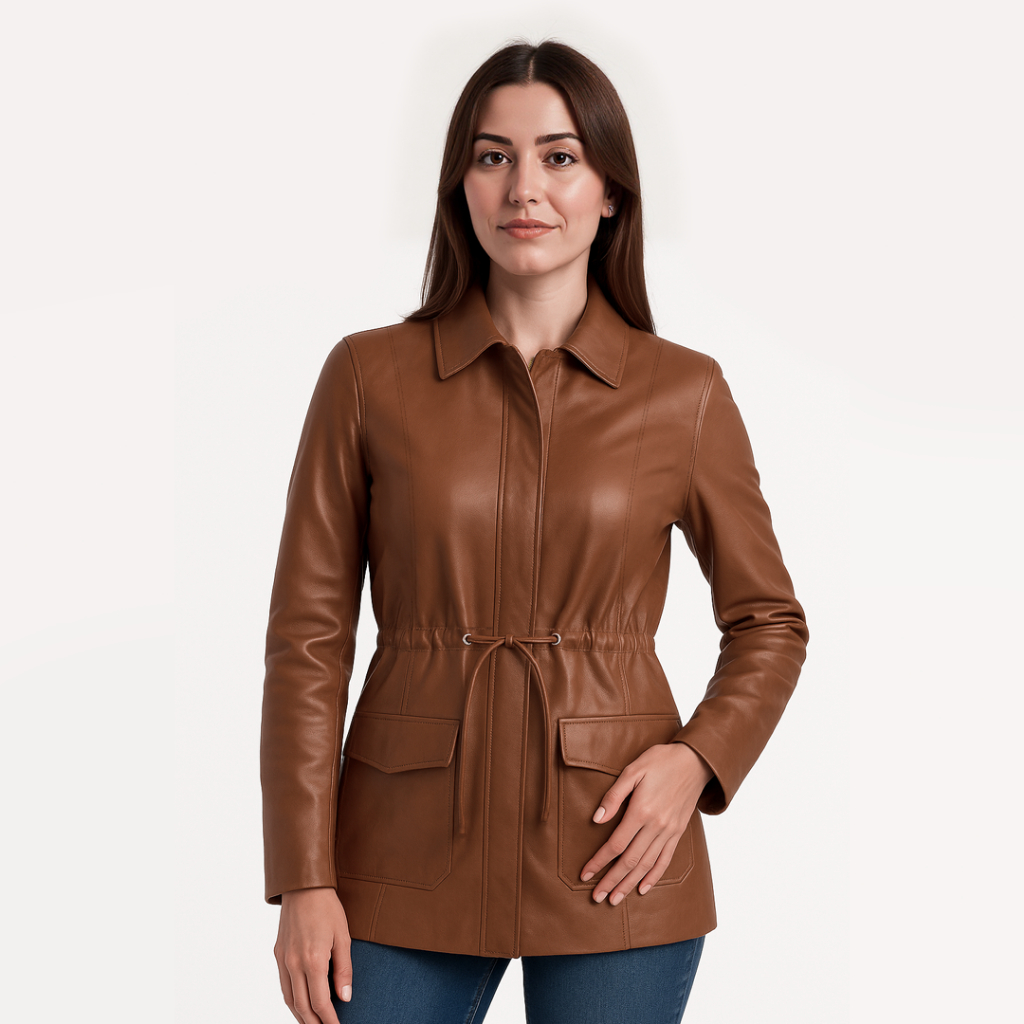 Jaqueta FCouros Estilo Sobretudo Parka Feminina Couro 100% Legitimo Caramelo Marrom Claro