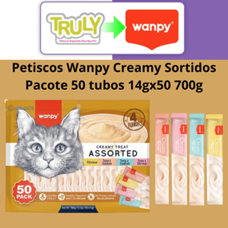 Petisco gatos Wanpy Truly Creamy Sabores Sortidos Pacote com 50 14gx50 700g ou 25 tubos 14gx25 350g em Oferta na Shopee