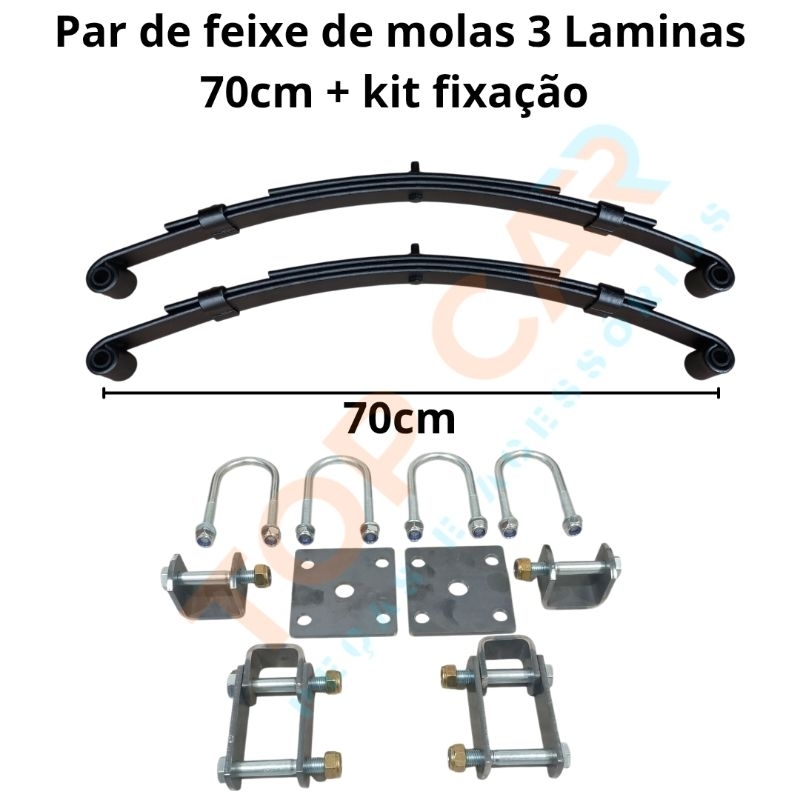 Par de molas de 70cm 3lâminas capacidade de carga de 350kg o par + kit fixação (kit Jumelo) suspensão carretinha reboque