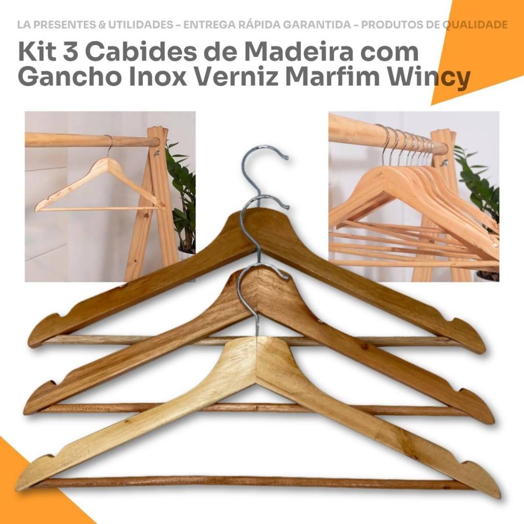 Kit 3 Cabides Madeira com Verniz Marfim Organizador Guarda Roupas Adulto Infantil Arara Cremalheira