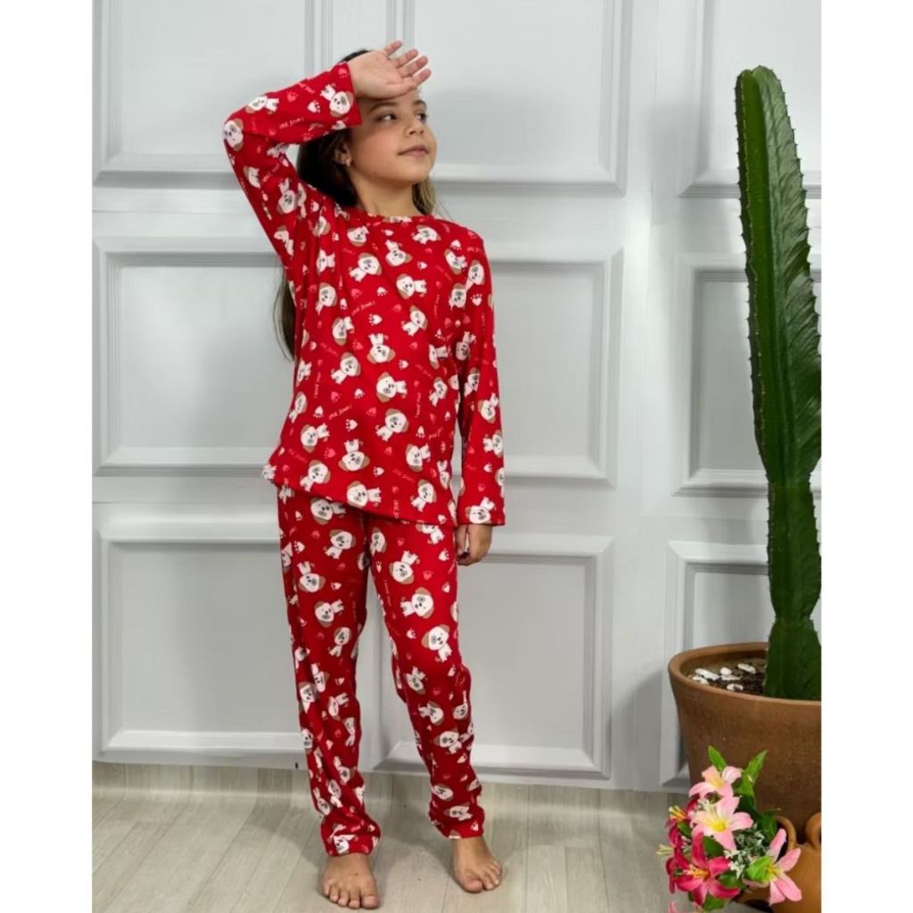 2 Pijama Estampado Infantil Inverno Frio Manga Longa Suede Calça Blusa Menina Conjunto Dormir Criança 210