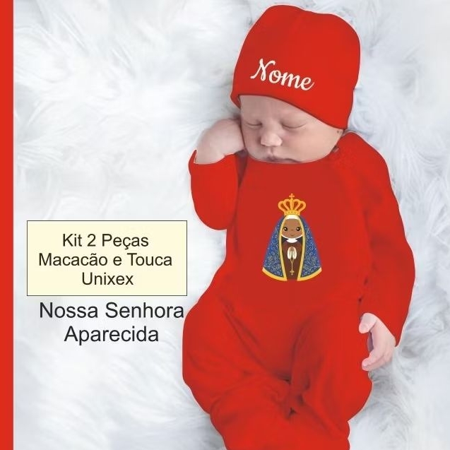 Touca+Macacão Kit Saída Maternidade 2 Peças Vermelho Nossa Senhora Aparecida Touca Lisa /Nome na Touca RN Recém-Nascido