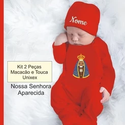 Touca+Macacão Kit Saída Maternidade 2 Peças Vermelho Nossa Senhora Aparecida Touca Lisa /Nome na Touca RN Recém-Nascido