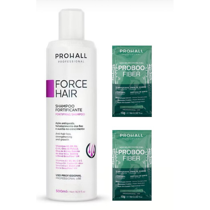 Prohall Force Hair Shampoo Crescimento Cresce Cabelo 500ml + 2 Sachês Hidratação de Brinde