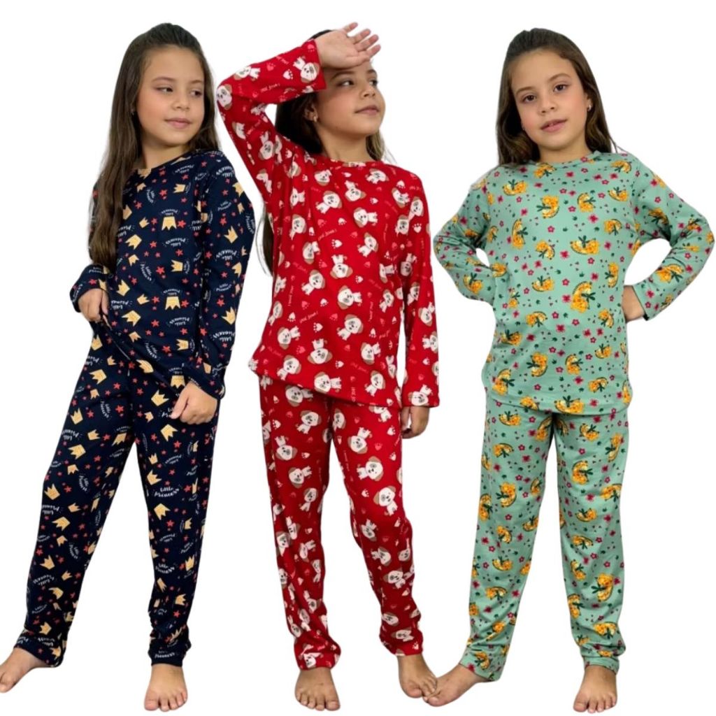 Kit Pijama Menina Criança Frio Estampado Infantil Inverno Manga Longa Suede Calça Blusa 210 Conjunto