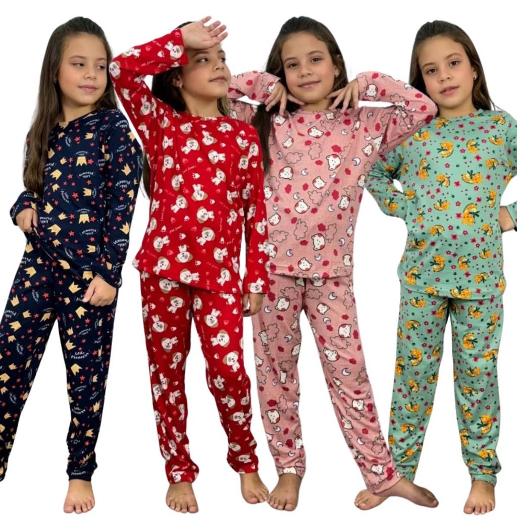 Kit Pijama Inverno Menina Criança Frio Estampado Infantil Manga Longa Suede Calça Blusa Conjunto 210