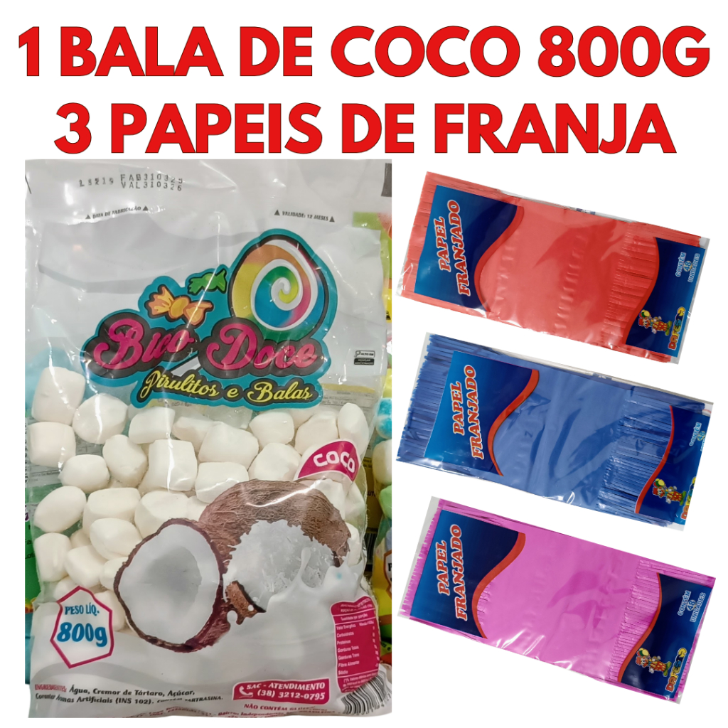 Kit bala de coco 800g e papel de franja festa aniversário bala delicia derrete na boca em Oferta na Shopee