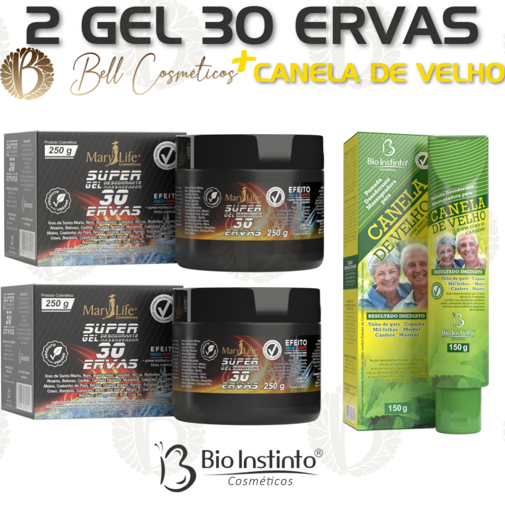 Kit 2 Super Gel 30 Ervas 250g + 1 Pomada Canela De Velho Fragrância Mentol  150g
