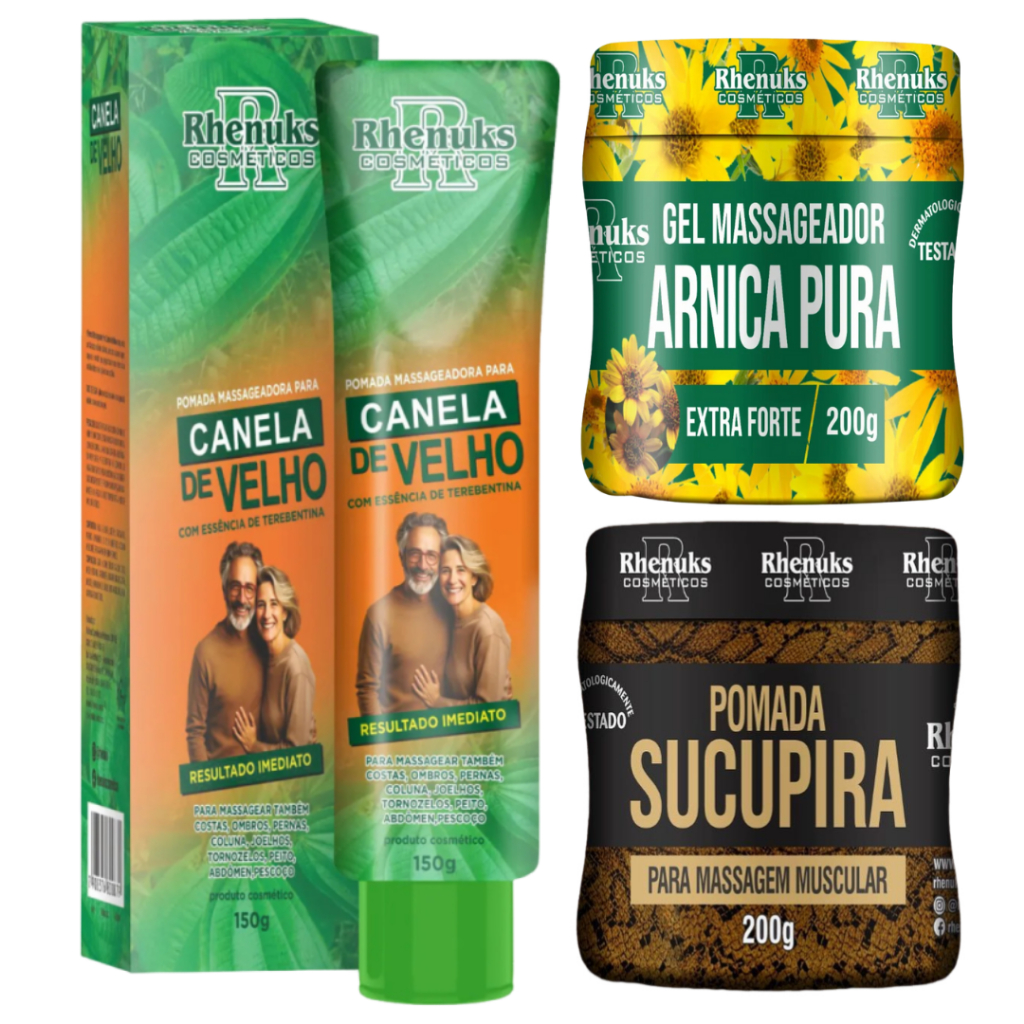 Kit Pomada Canela de Velho 150g + Sucupira + Arnica Pura - Combate Dor Muscular, Sensação de Alivio